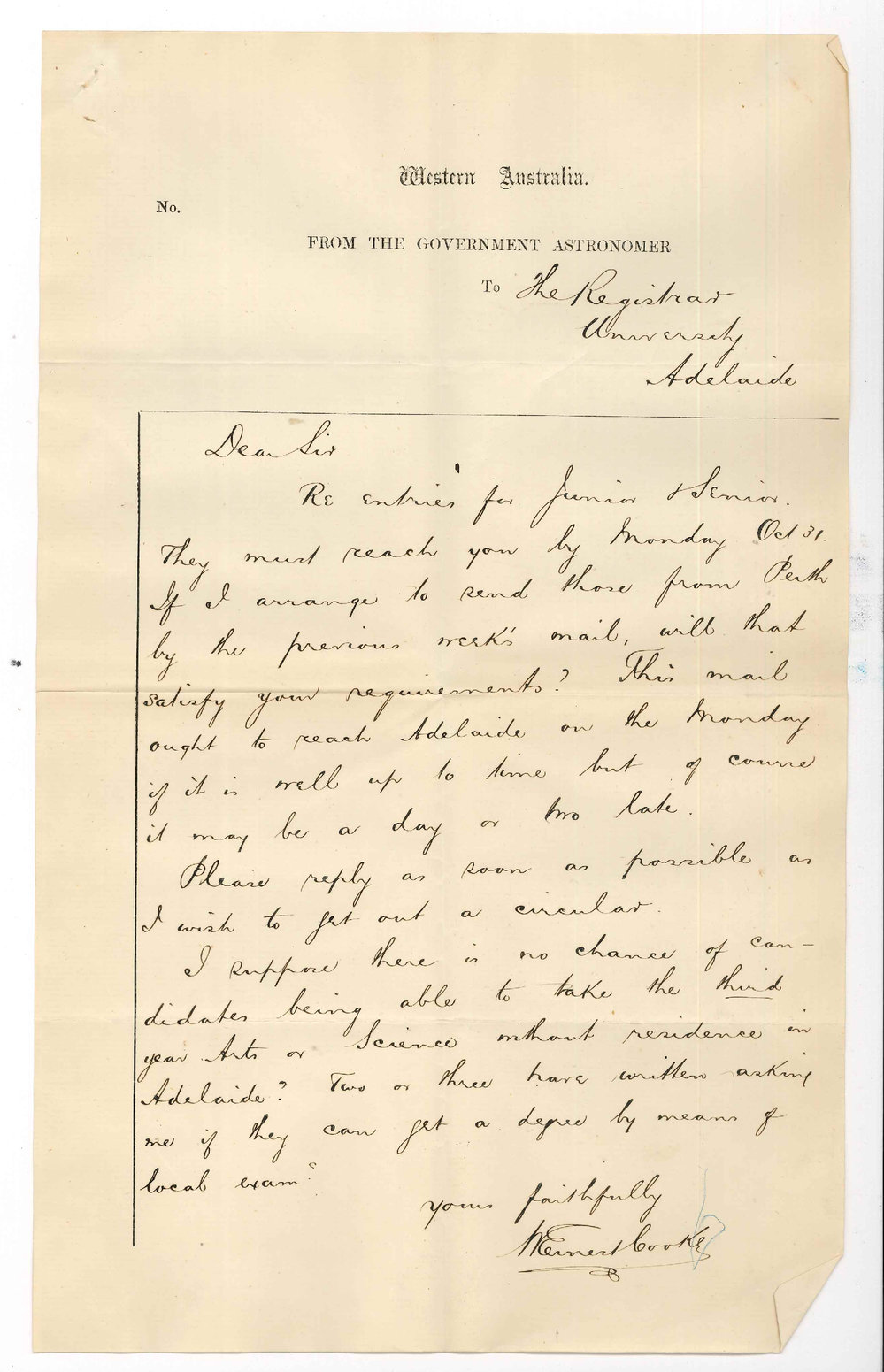 W Ernest Cooke - Western Australia - Entries for Junior and Senior Higher Public Exam and Law Exam