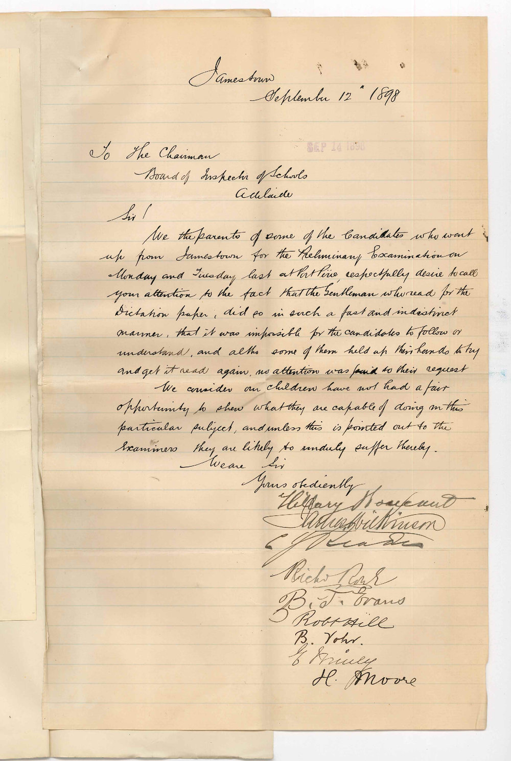 L W Stanton - Board of Inspectors of Schools - Letter of complaint regarding Preliminary Examination at Port Pirie