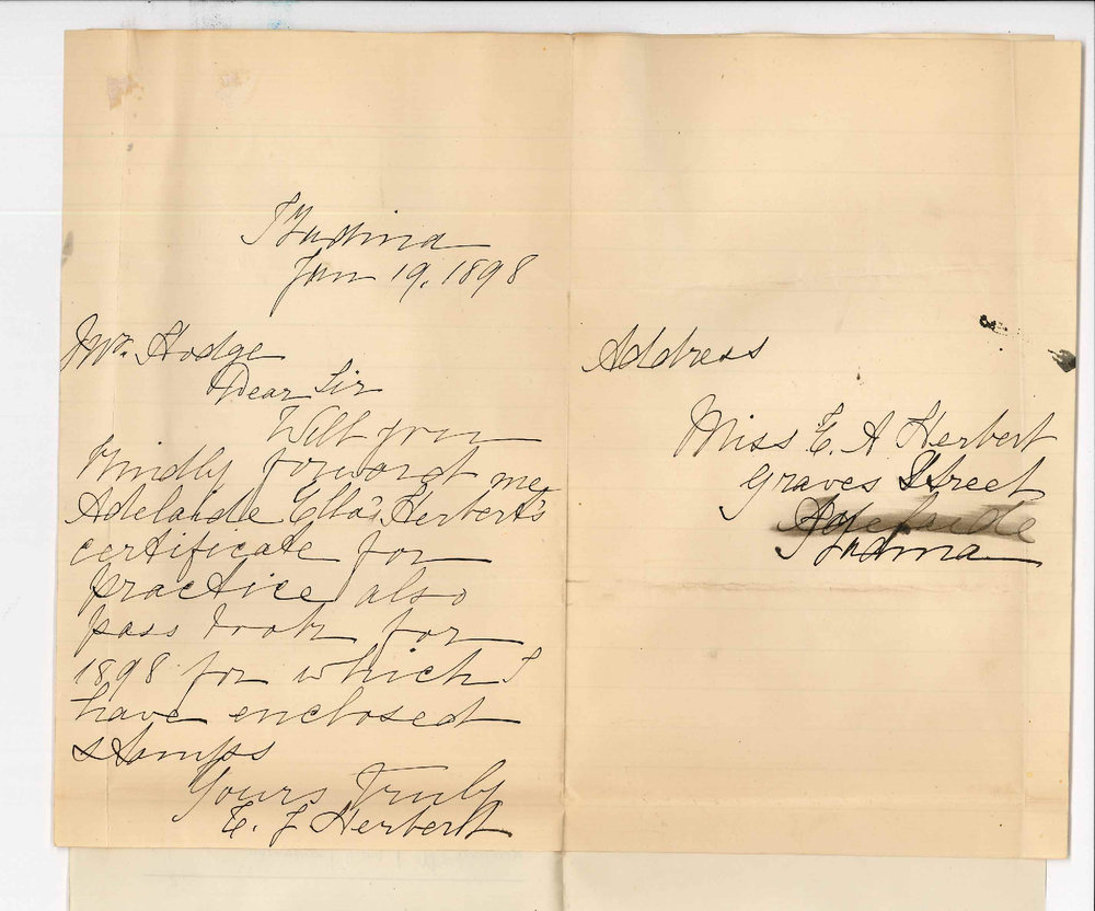 Miss E A Herbert - Kadina - Application for Certificate Practice of Music and Pamphlet for 1898