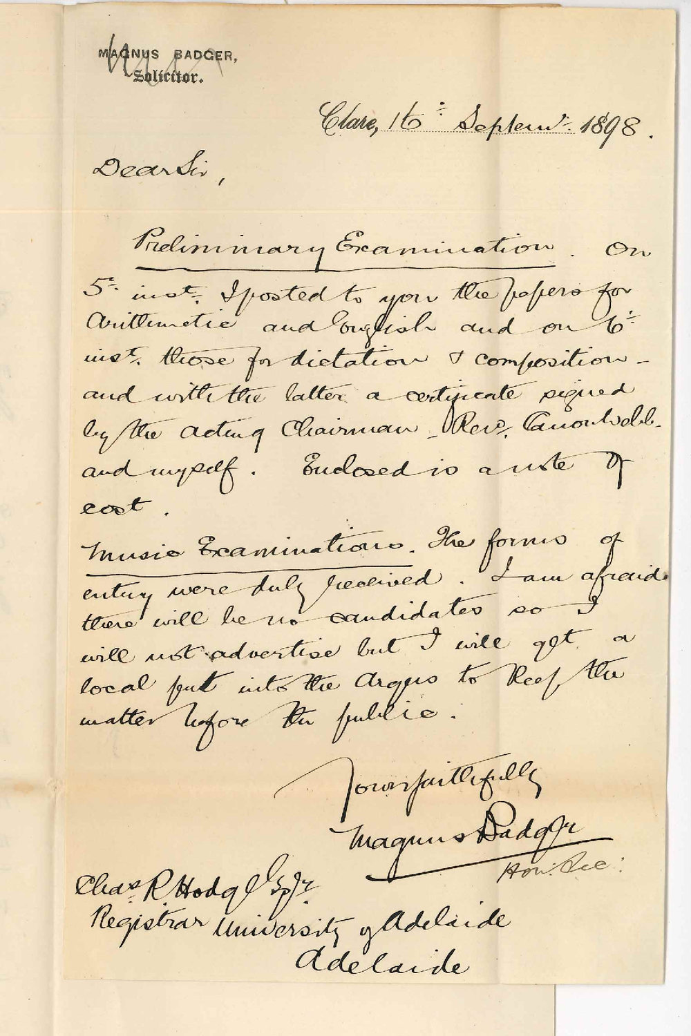 Magnus Badger - Clare - Concerning Preliminary and Music Examinations