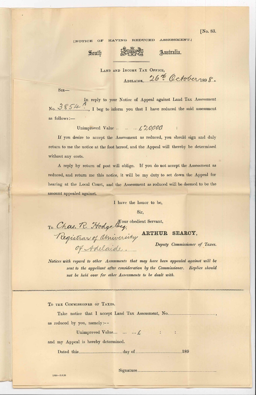 Arthur Searcy - Deputy Commissioner of Taxes - Notice of having reduced assessment