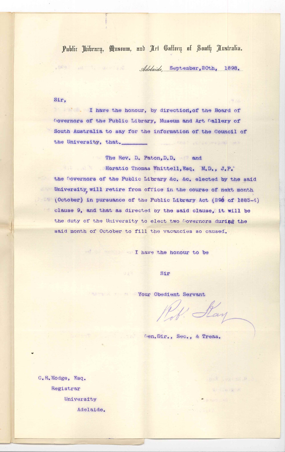 Mr Robert Kay - Adelaide - Retirement of Reverend Dr D Paton and Dr Horatio Thomas Whittell