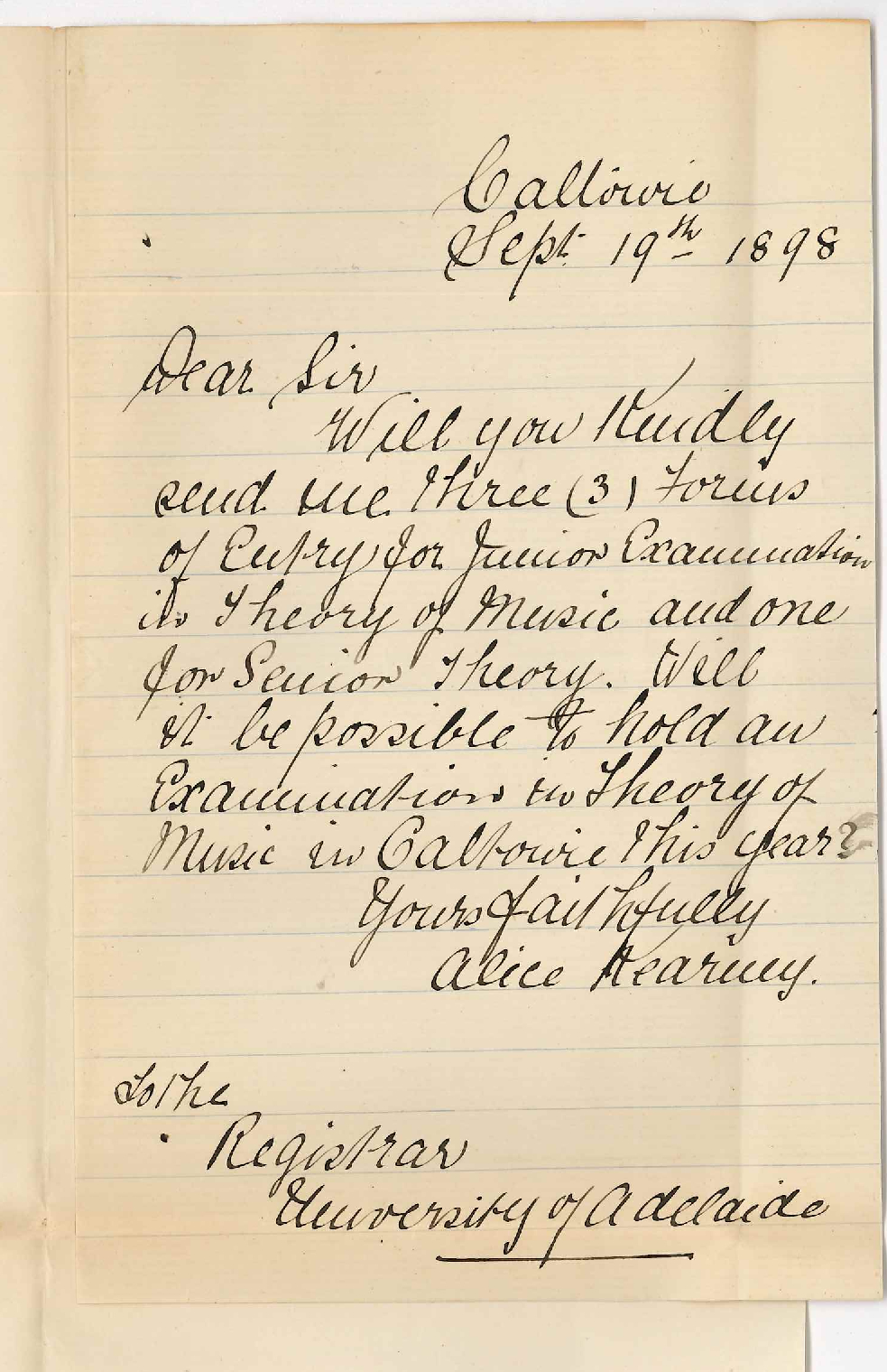 Miss Alice Kearney - Caltowie - Asking if Music Exam in Theory be held in Caltowie