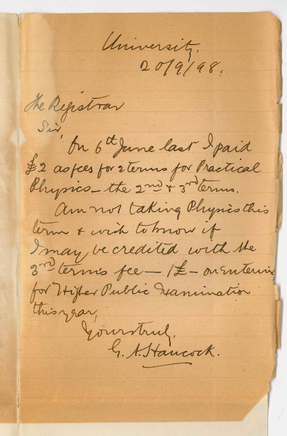 George Alfred Hancock - University - Request for fee paid for 3rd Term Physics be placed to Credit for Higher Public Exam
