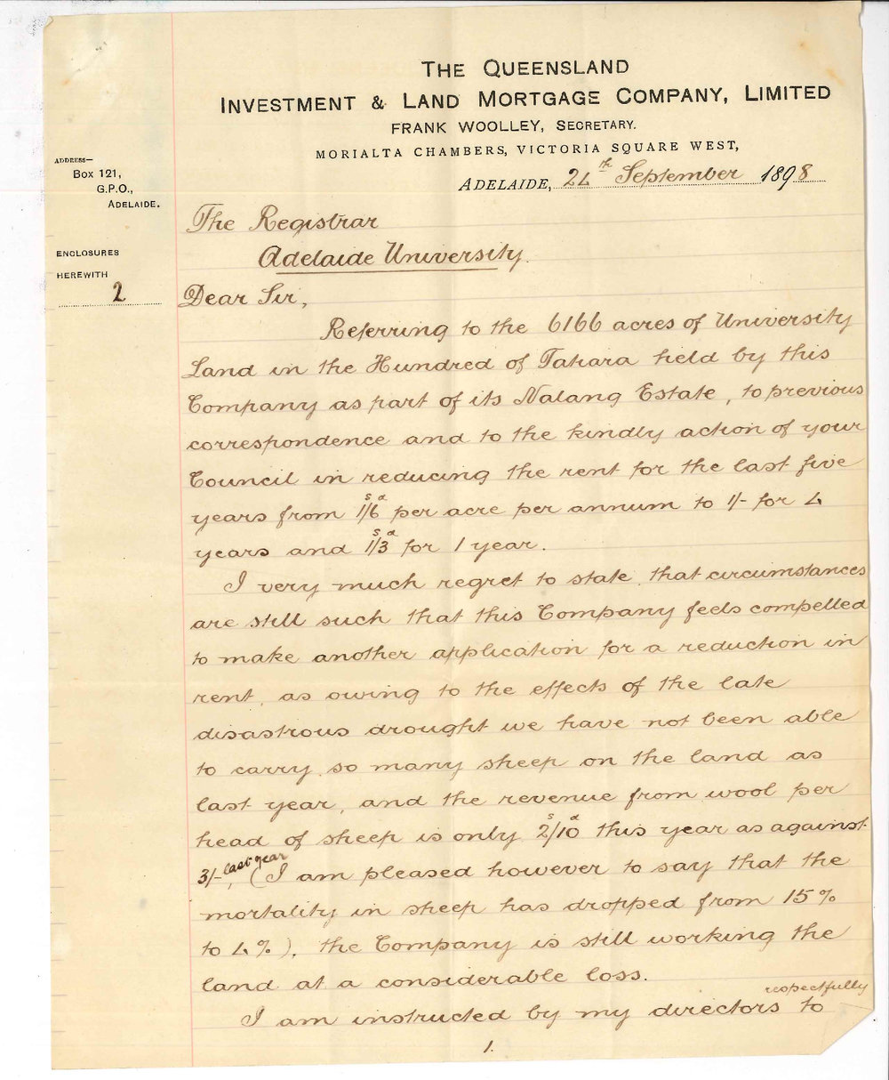 Frank Woolley - The Queensland Investment and Land Mortgage Company - University Land 6166 acres in Hundred of Tatiara - Asking for reduction in rent