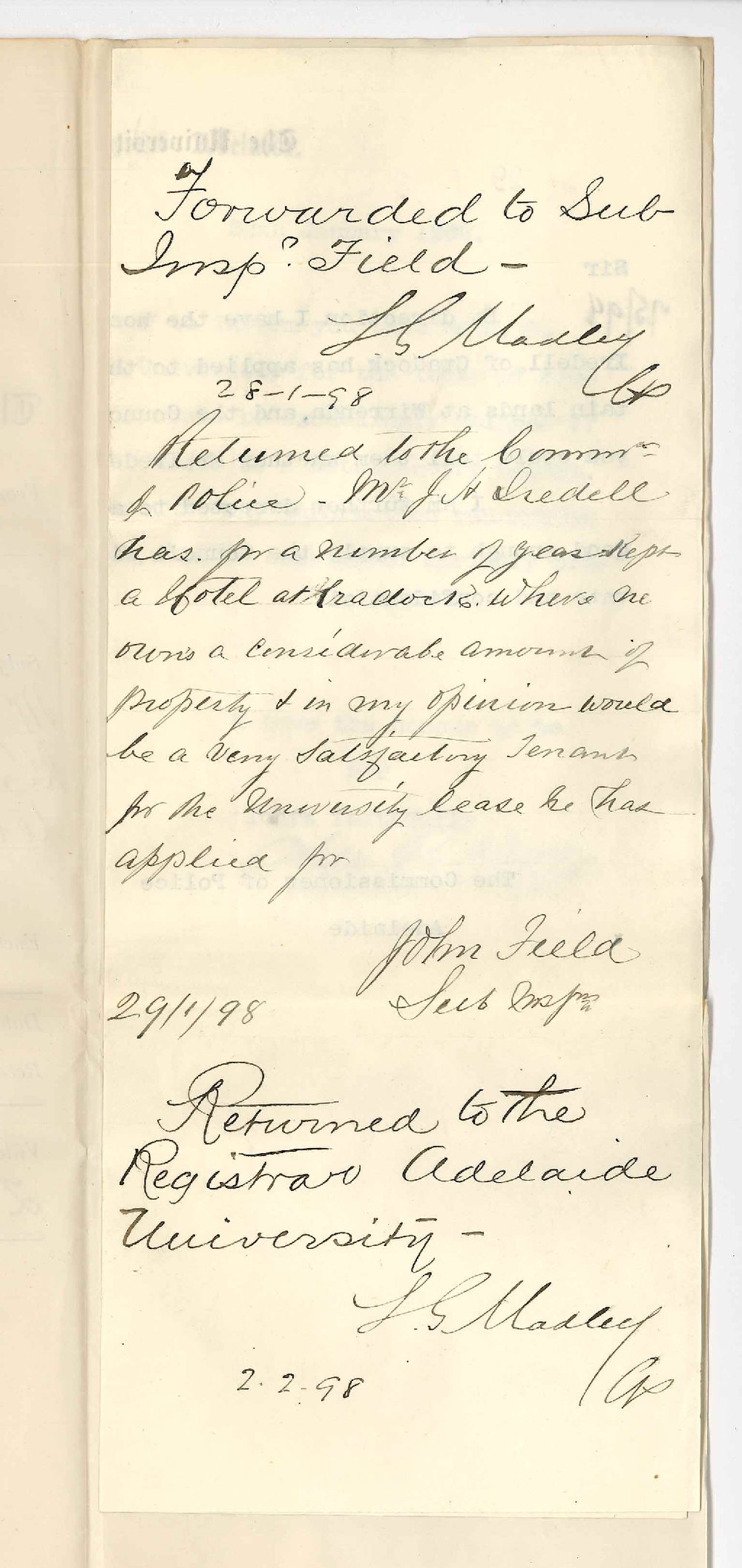 Sub-Inspector John Field - Commissioner of Police - Information concerning Mr Joseph Hall Iredell and recommending him as a suitable tenant