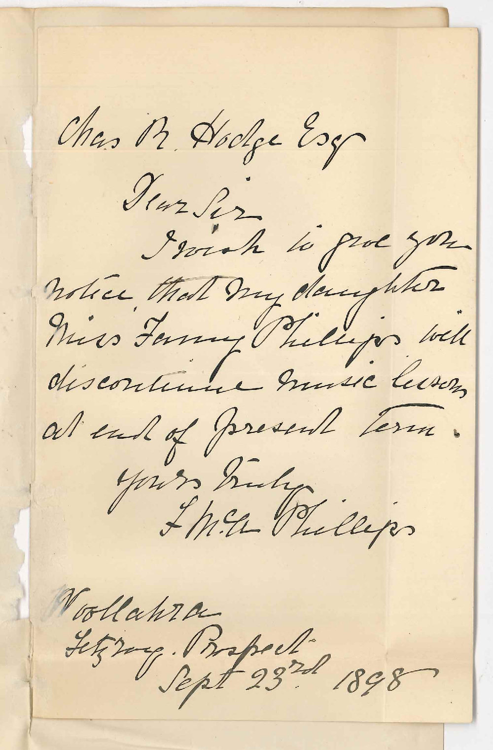 Mrs F McA Phillips  - Prospect - Miss Fanny Phillips will not continue Music Lessons after end of present Term