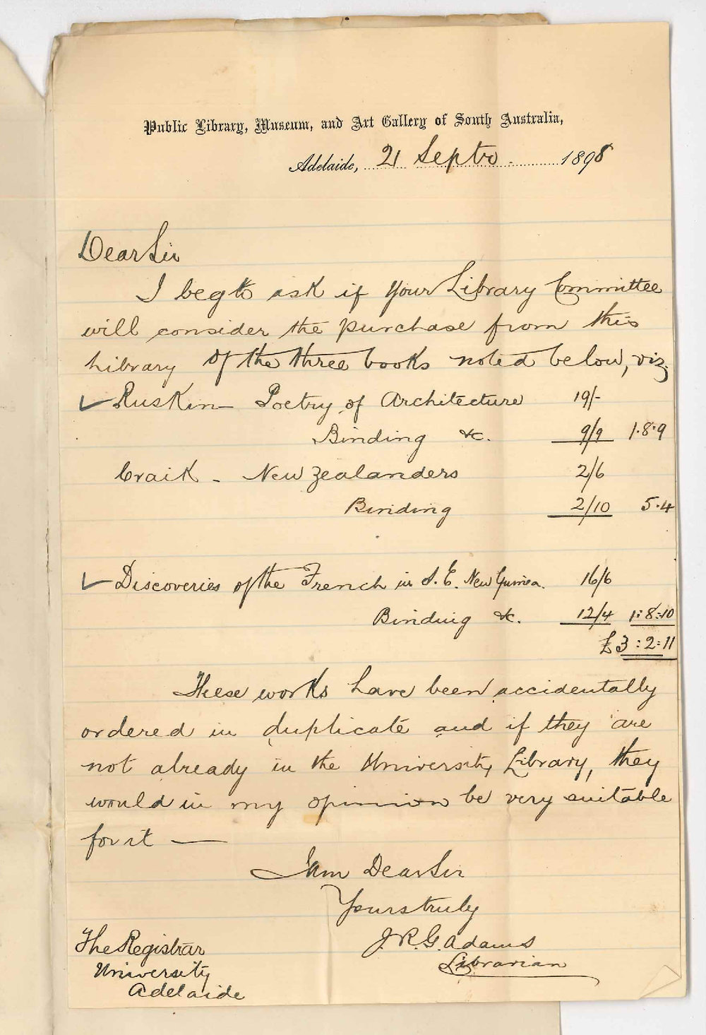 Joseph Robert George Adams - Public Library City - Will University purchase 3 books accidentally ordered in duplicate by the Public Library