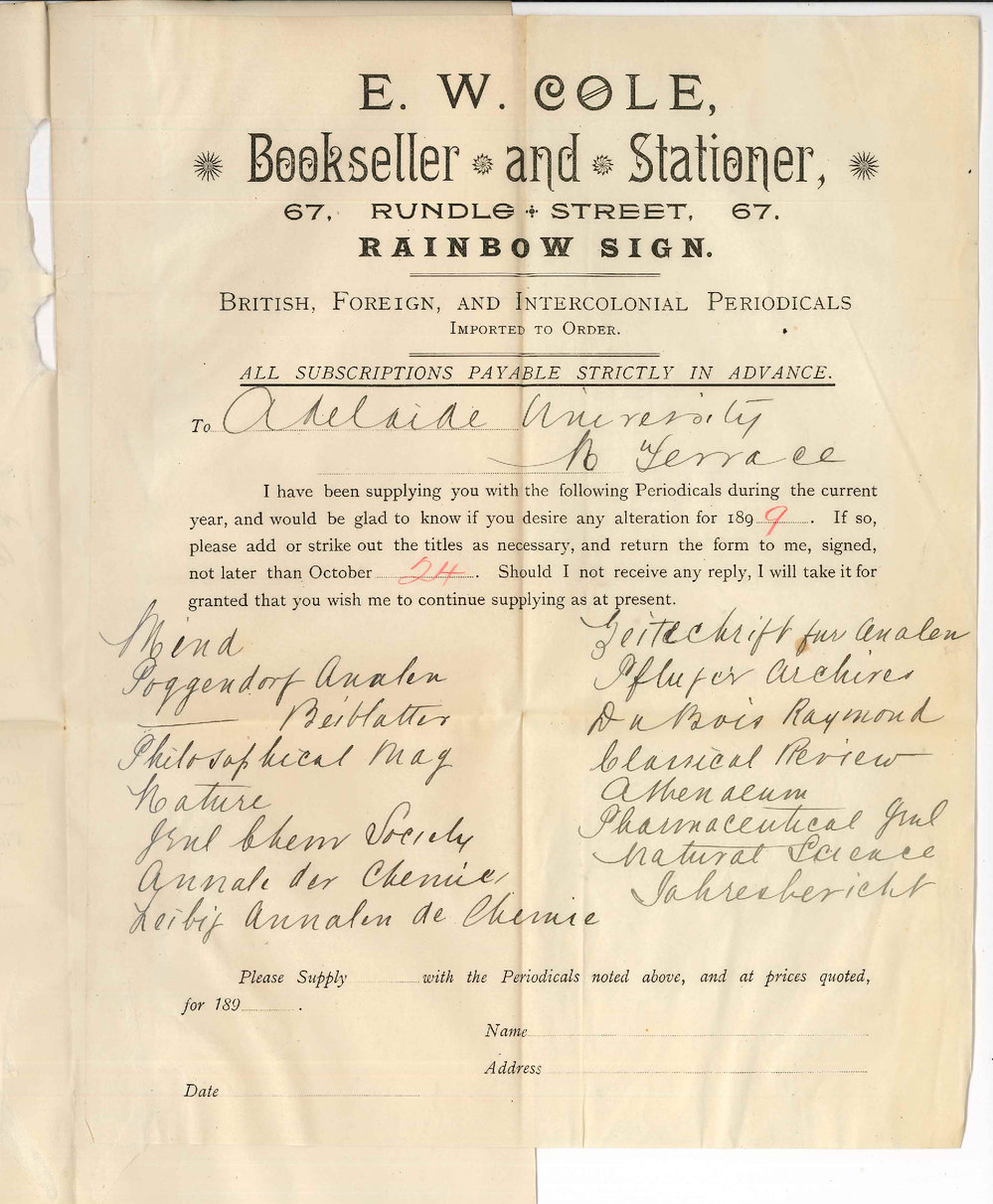 E W Cole - Adelaide - Are Periodicals supplied now are to be continued in 1899