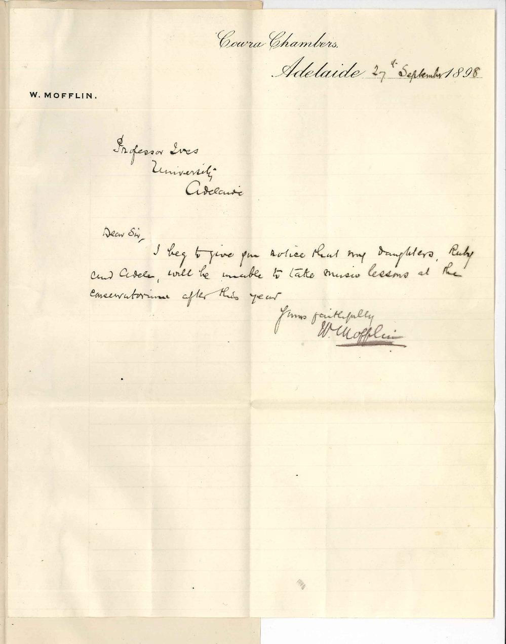 W Mofflin - Grenfell Street City - To Professor Ives - Ruby and Adele Mofflin will not take lessons at Conservatorium after end of year