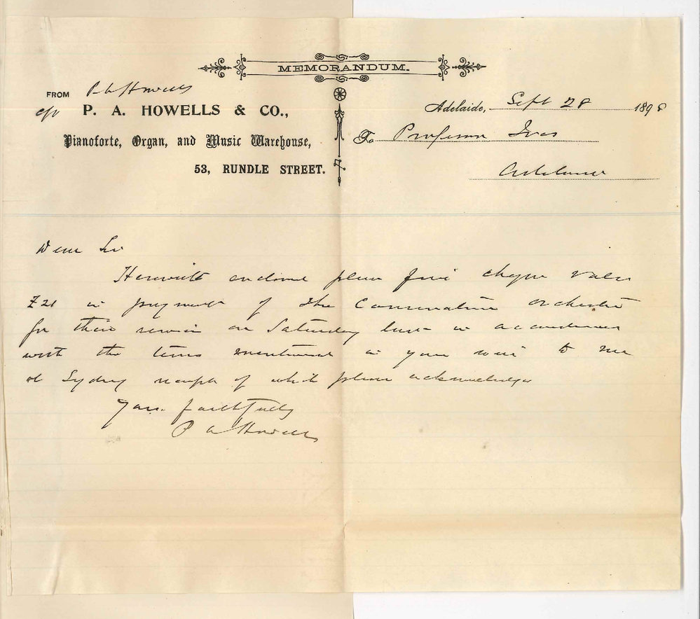 P A Howells - City - To Professor Joshua Ives - Enclosing cheque &pound;21 fees for services at Conservatorium Orchestra on 24 Instant