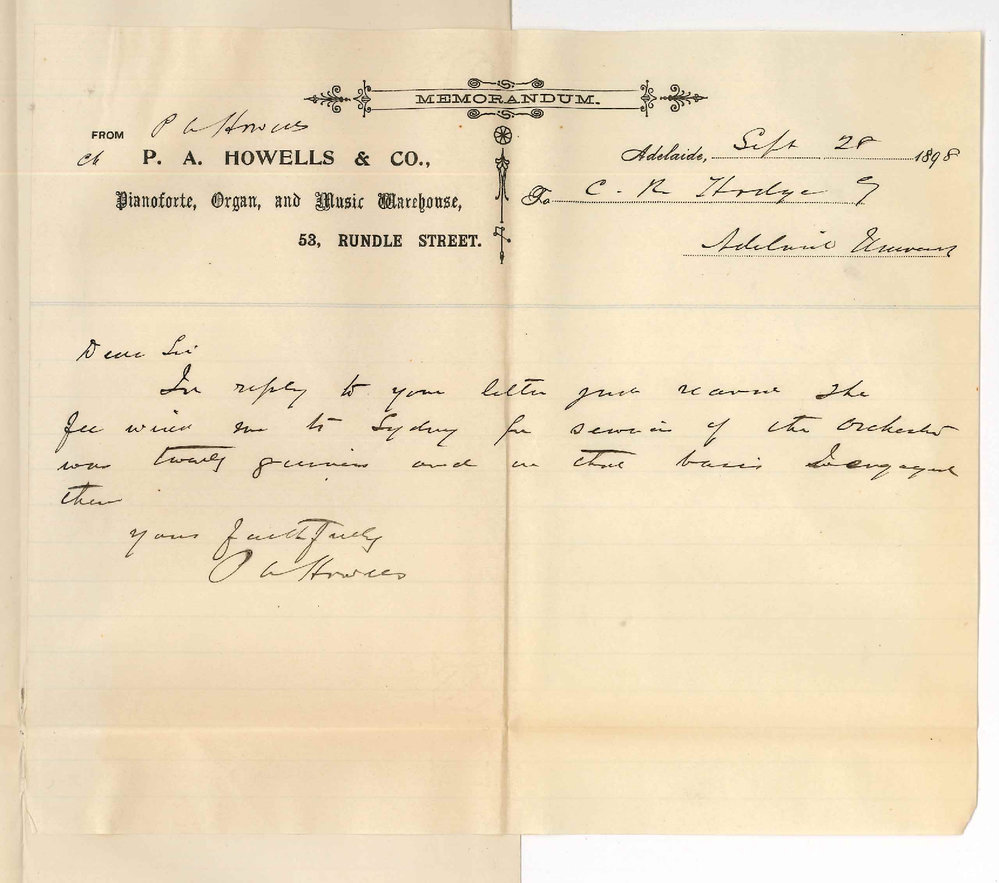 P A Howells - Adelaide - Fees for Conservatorium Orchestra