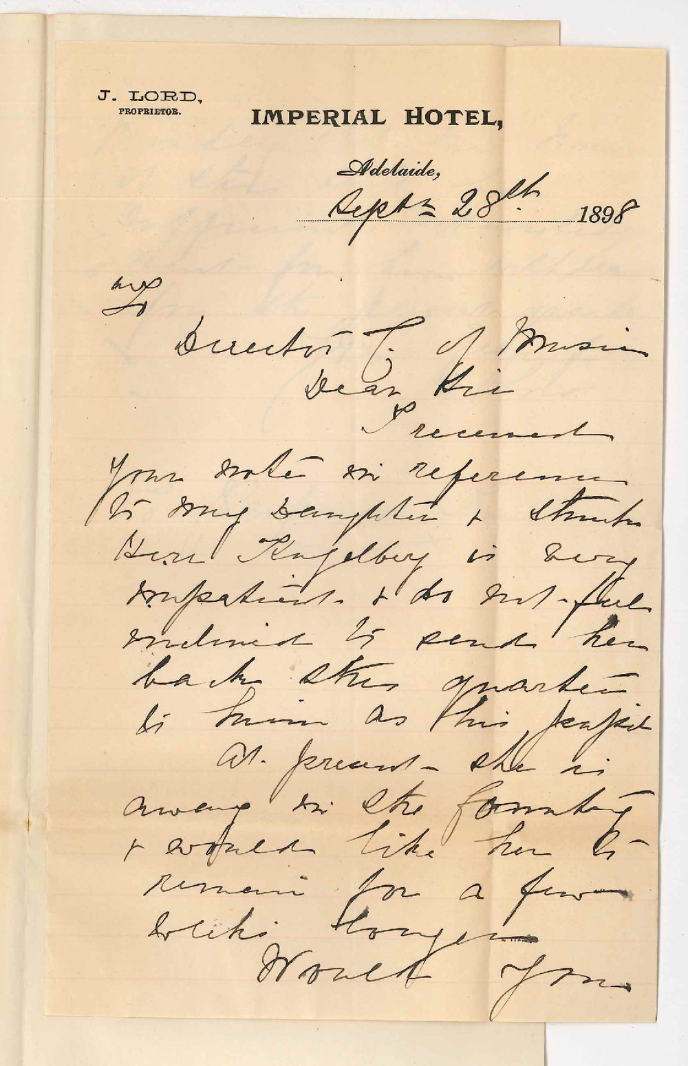 Mrs Lord - Imperial Hotel City - Daughters attendance at Conservatorium