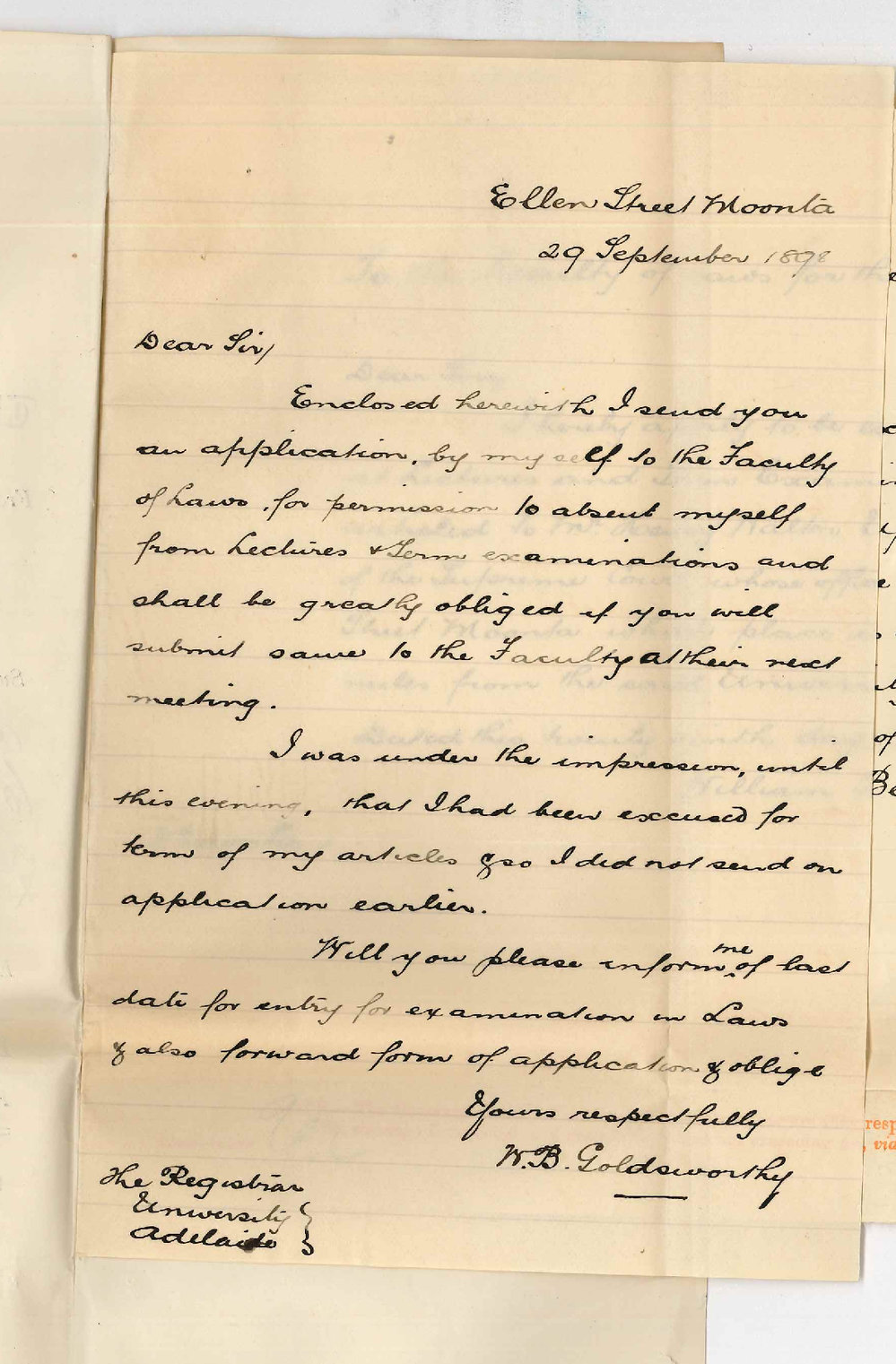 William Beazley Goldsworthy - Moonta - Application to Faculty of Law for permission to be absent from lectures and term examination