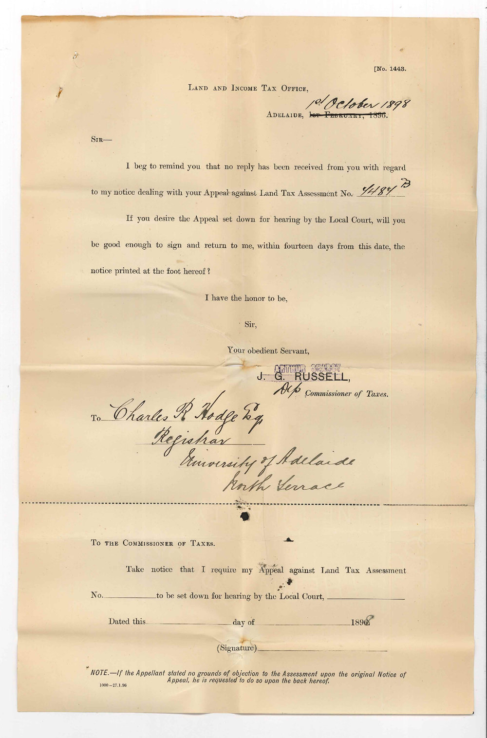 J G Russell - Commissioner of Taxes - Adelaide - Concerning appeal against Land Tax Assessment No 7487B - 7861C - 7548E - 4211F