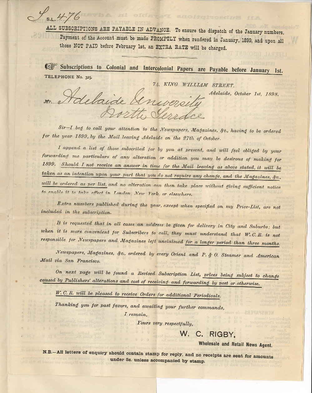 William Charles Rigby - Adelaide - Concerning magazines etc supplied to University