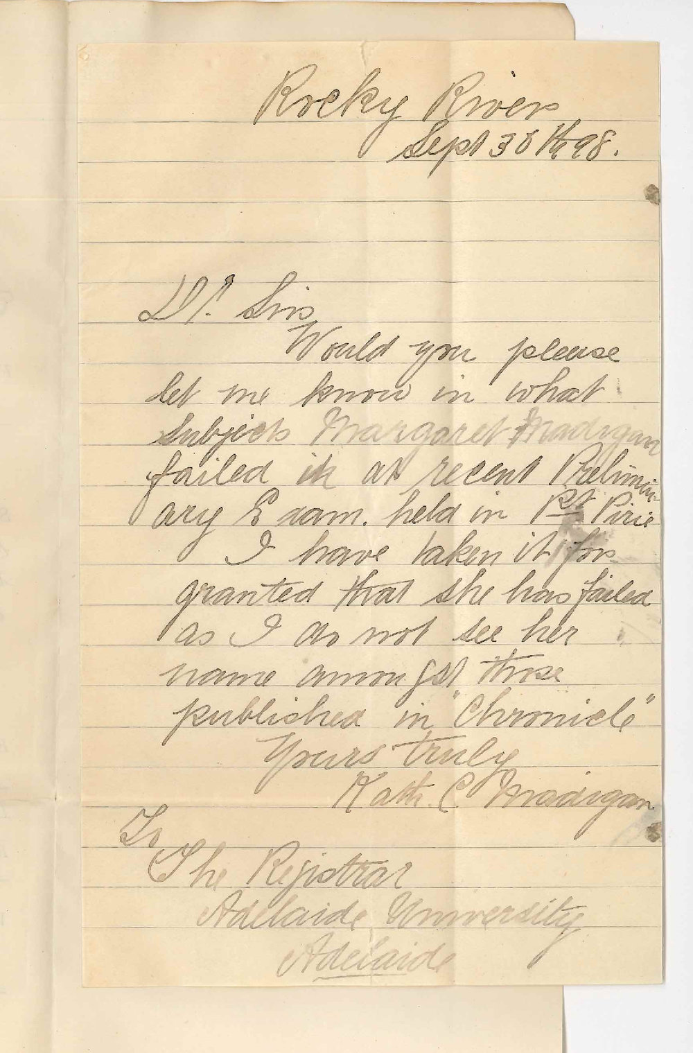 Mrs Katherine C Madigan - Failure of Margaret Madigan in recent Preliminary Examination