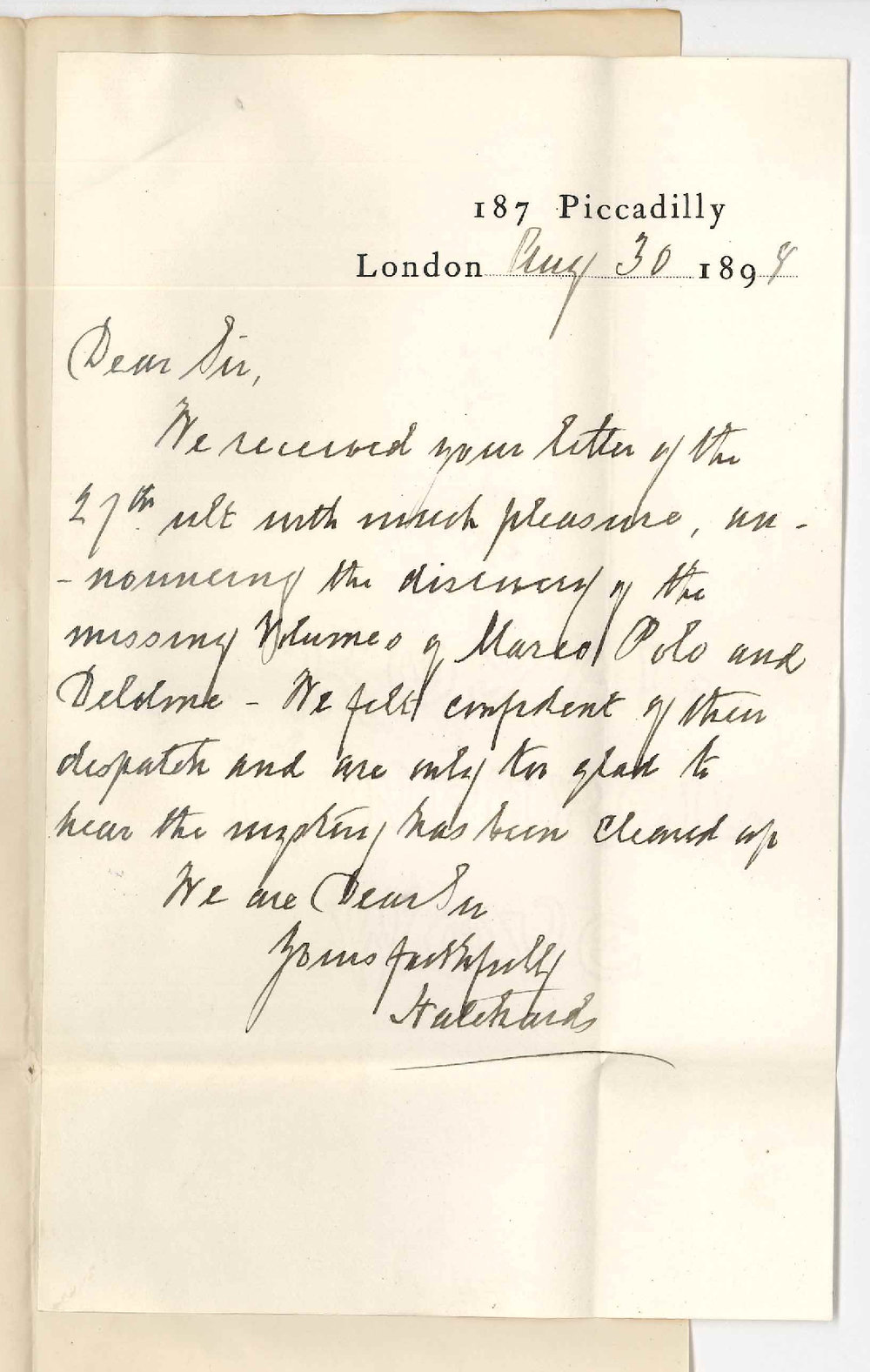 Messrs Hatchards - London - Letter 27th ultimo announcing discovery of missing volumes of Marco Polo and Deldme