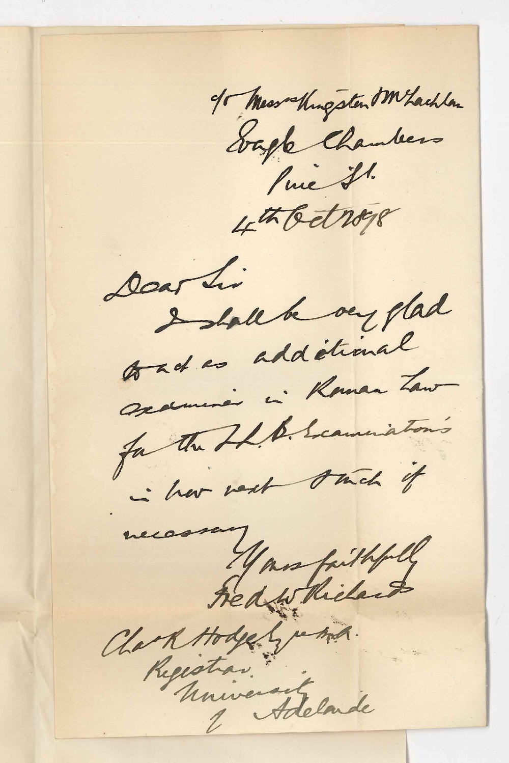 Frederick W Richards - Pirie Street - Will act as additional Examiner in Roman Law for LLB Exams in November and March next