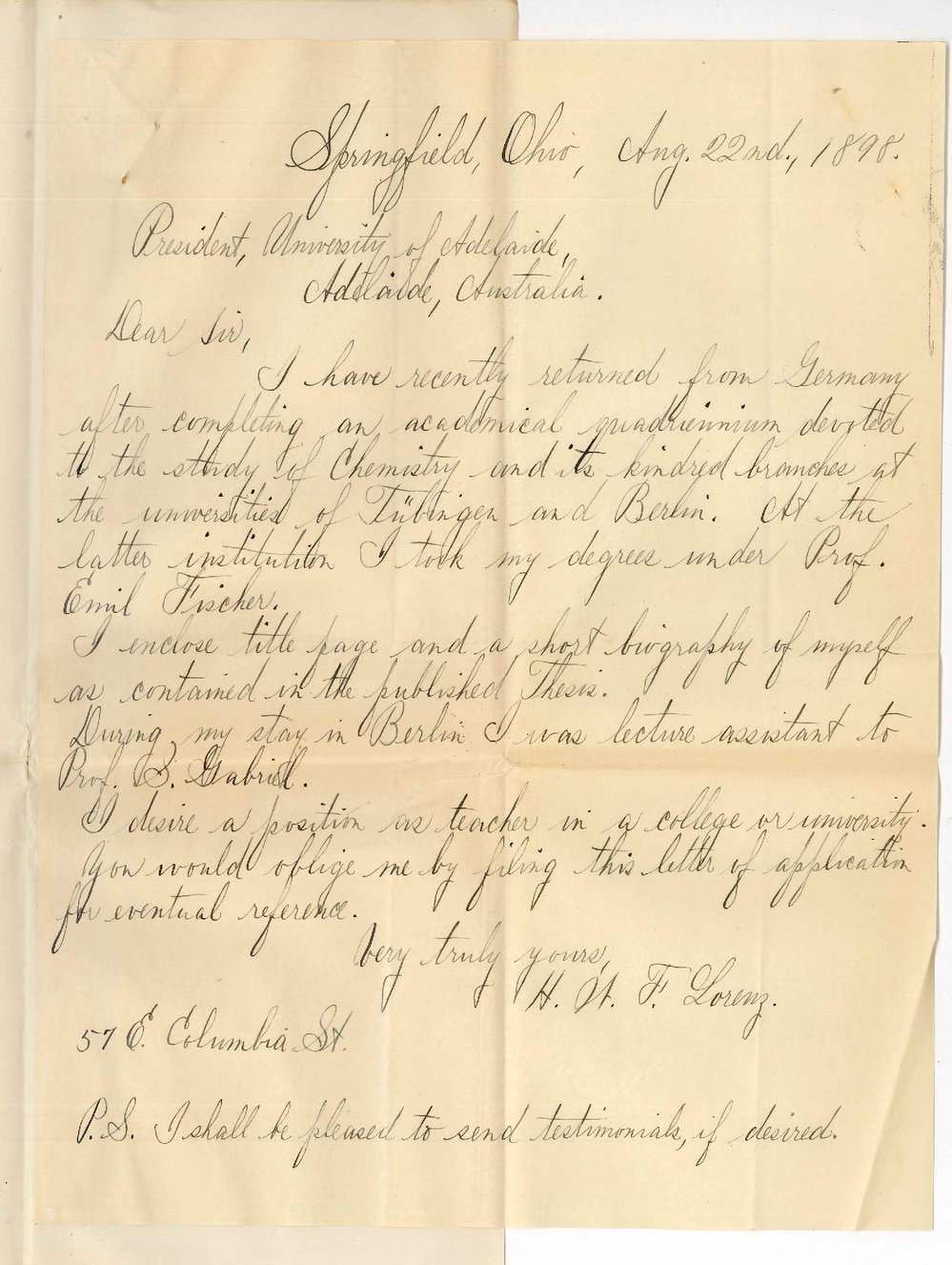 H W F Lorenz - Ohio USA - Applies for position as Teacher