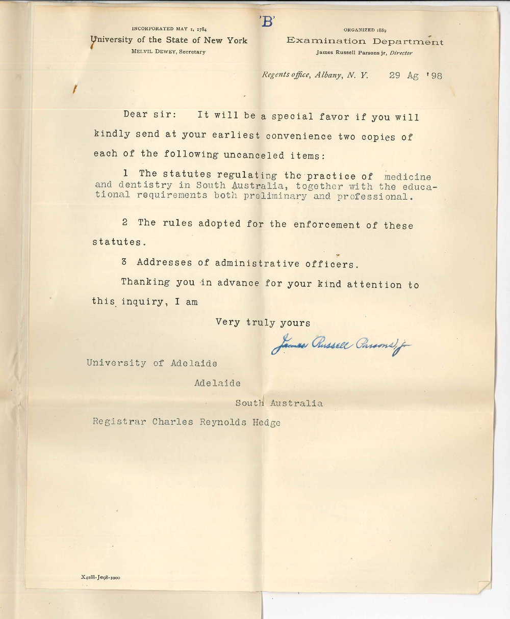 Melvil Dewey - Secretary - James Russell Parsons Junior - Director - University of New York - Request two copies of regulations controlling practice of Medicine and Dentistry in SA