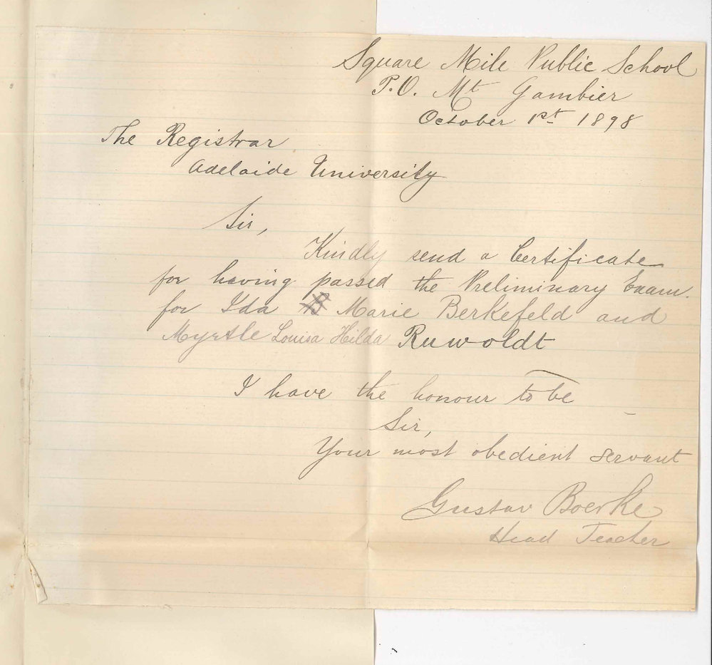 Gustav Boerke - Square Mile Public School - Mount Gambier - Request for Certificates for Preliminary Examination Pass Ida Marie Berkefeld and Myrtle Laura Hilda Ruwoldt