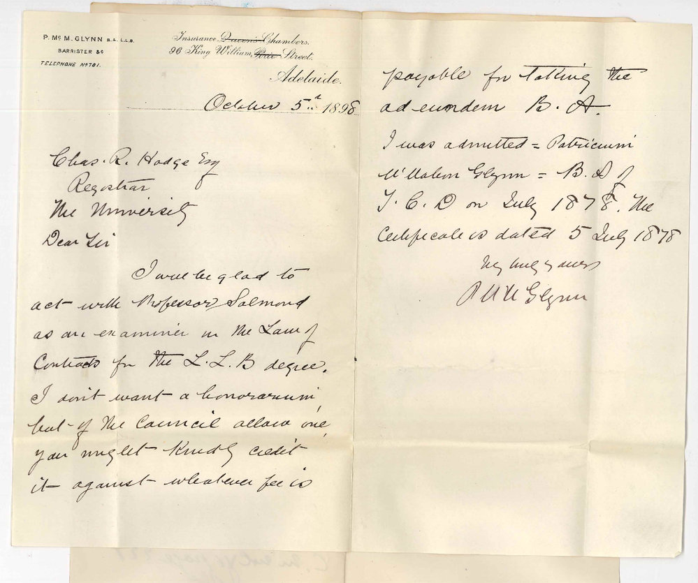 Patrick McMahon Glynn - Adelaide - Will act as examiner in LLB examination - Honorarium to be credited to fee for taking ad eundem BA