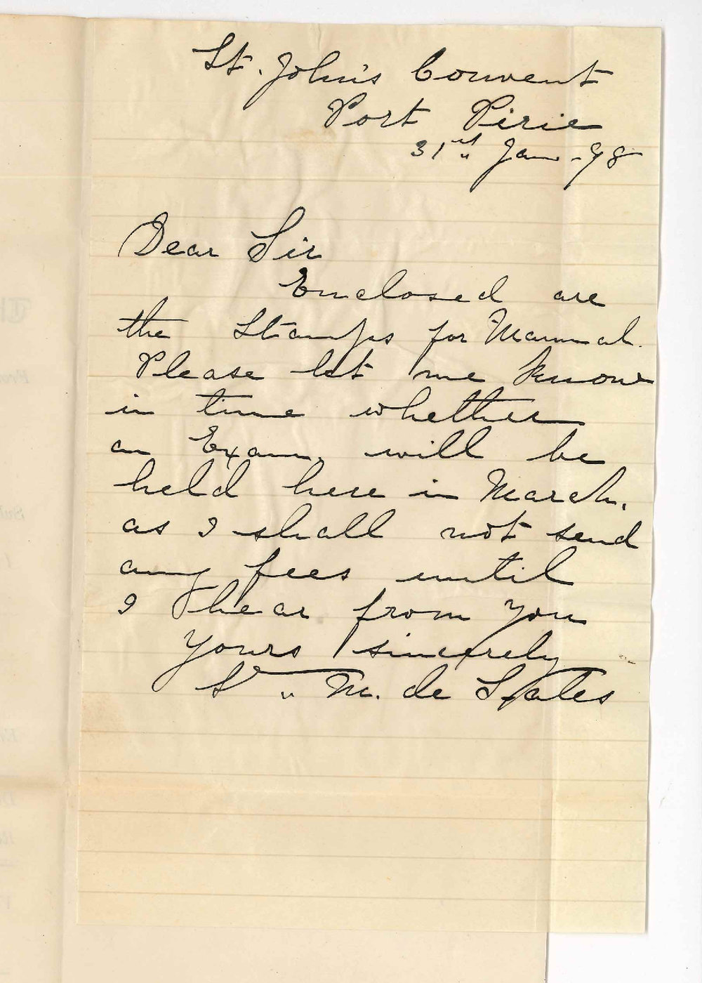 Sister M de Sales - The Lady Superior - St Johns Convent - Port Pirie - Asking whether an Examination will be held in Port Pirie in March