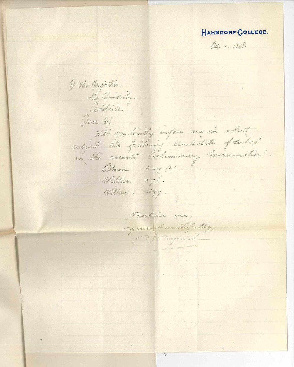 Douglas John Byard - Hahndorf College - Concerning failure of Nos 597, 576 and 427