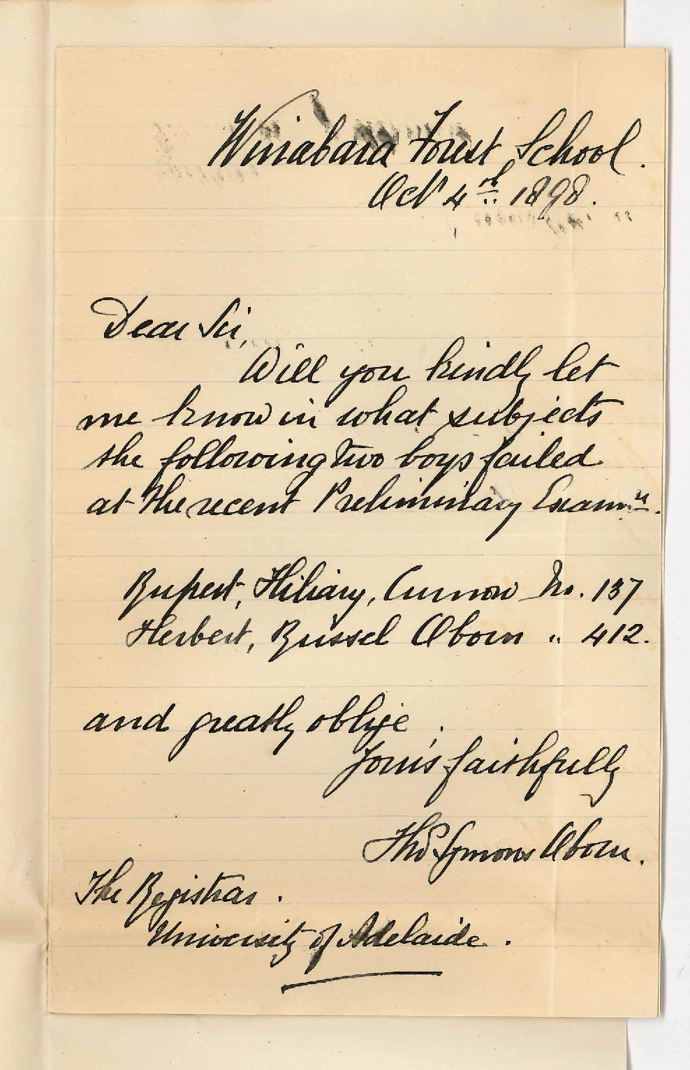 Thomas Symons Oborn - Wirrabara - Concerning failure of Hilary Curnow Rupert No 137 and Russel Oborn Herbert No 412