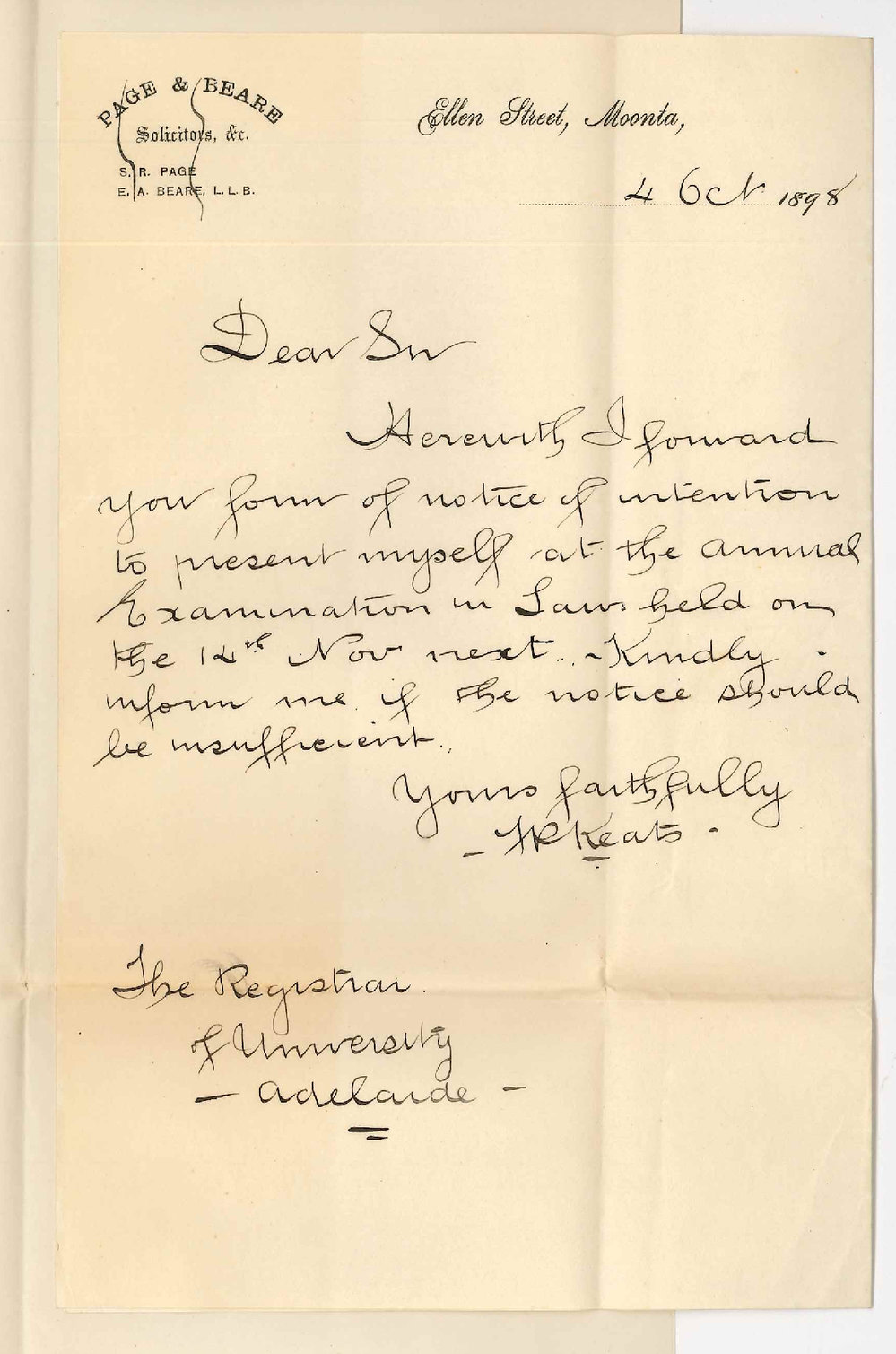 Frederick Phillips Keats - Moonta - Notice of intention to sit at Law Exam - Will this be sufficient