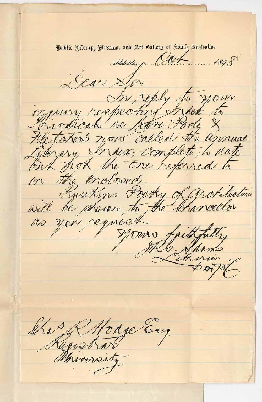 Joseph Robert George Adams - Public Library - Re Index to Periodicals