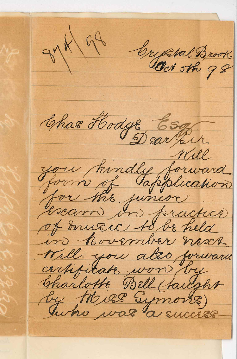 Miss Ethel Symons - Crystal Brook - Form of entry Junior Practice of Music - Certificate won by Charlotte Bell at Primary Exam in Practice of Music be forwarded