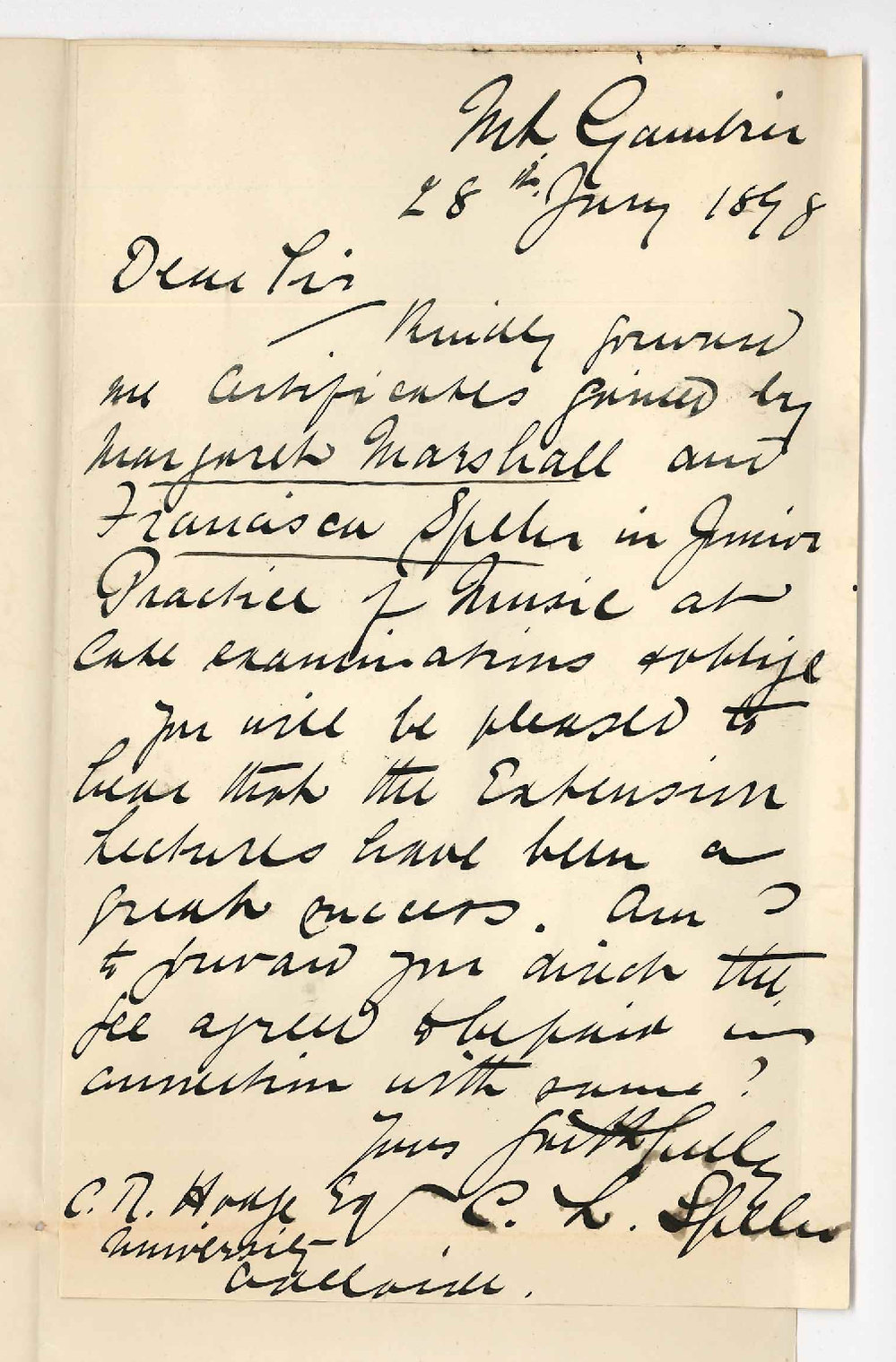 Carl Louis Spehr - Mount Gambier - Asking for Certificates for Misses Marshall and Spehr in junior Practice Music - Also respecting Extension Lectures