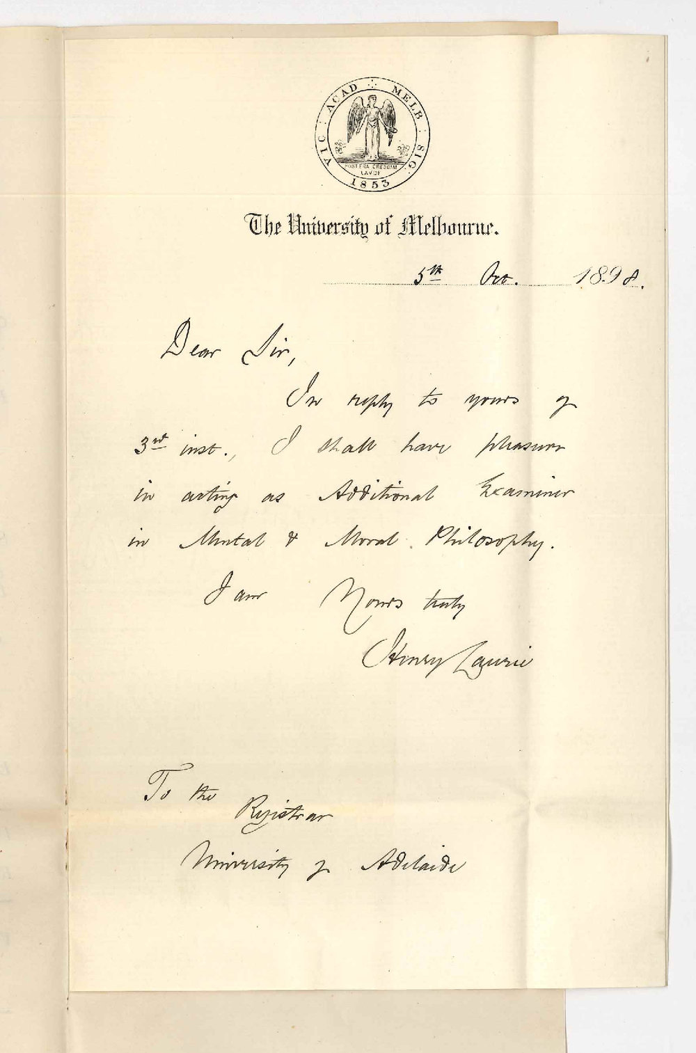 Henry Laurie - Melbourne - Will act as additional Examiner in Mental and Moral Philosophy