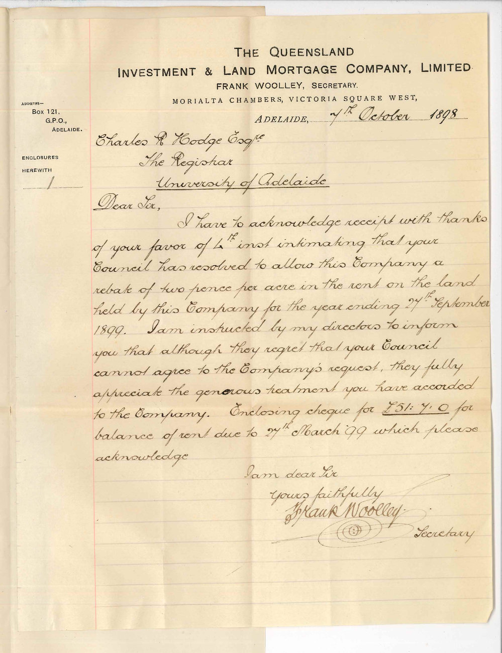 Frank Woolley - Secretary - Queensland and Land Mortgage Company Limited - Reduction in rent