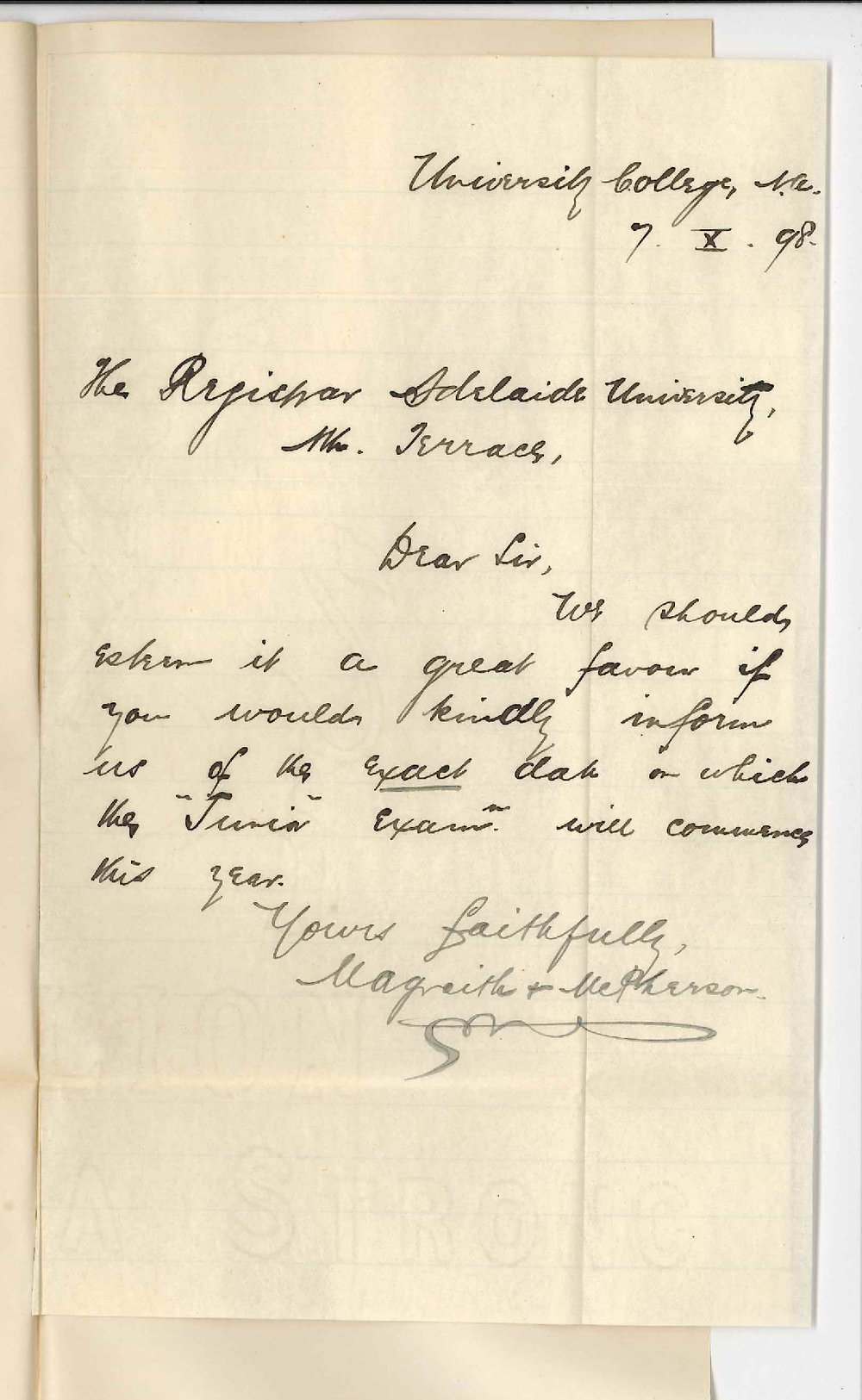 Magraith and McPherson - North Adelaide - Date of Junior Examination