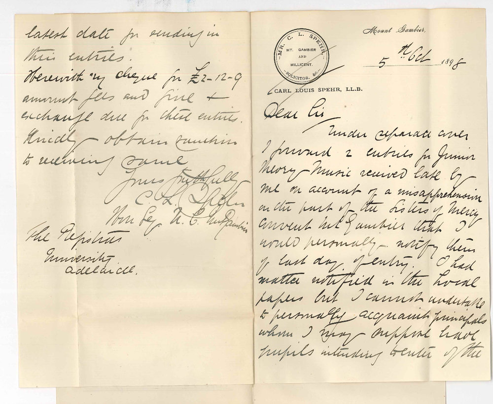 Carl Louis Spehr - Mount Gambier - Regarding Exam in Theory of Music Junior