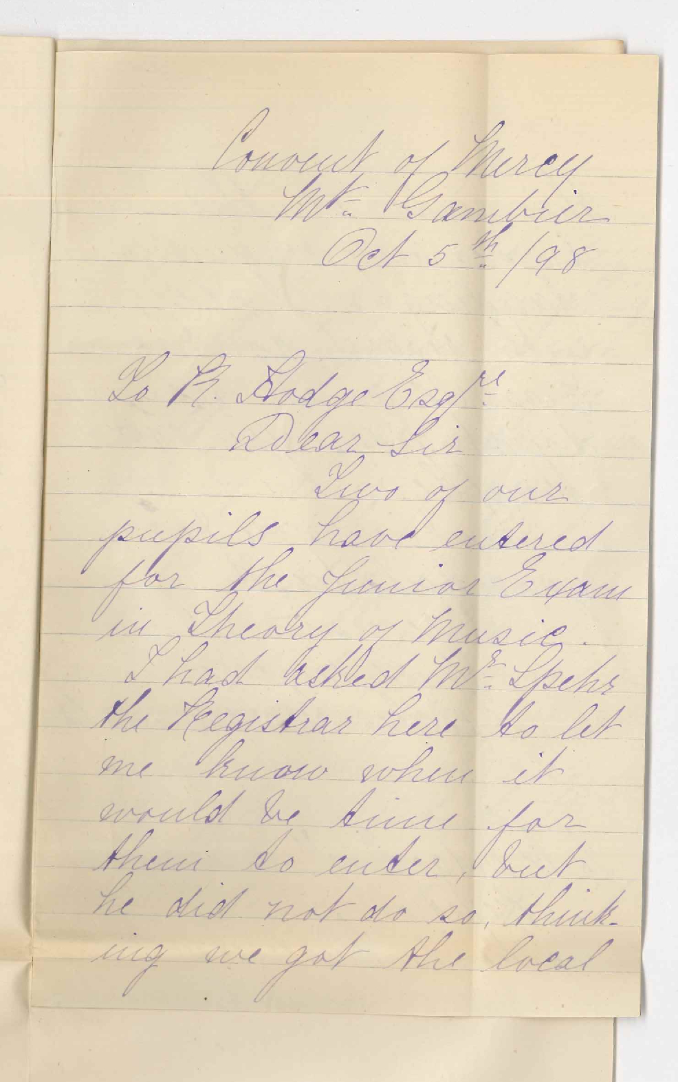 Convent of Mercy - Mount Gambier - Junior Theory Examination