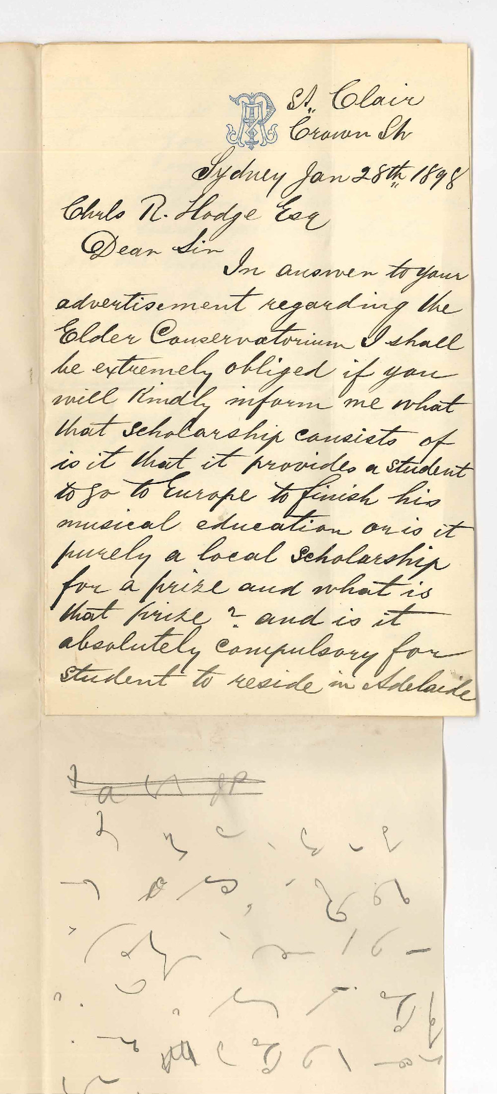 Dr A Philip Surgeon JP - Crown Street Sydney - Asking for particulars of the Elder Scholarship