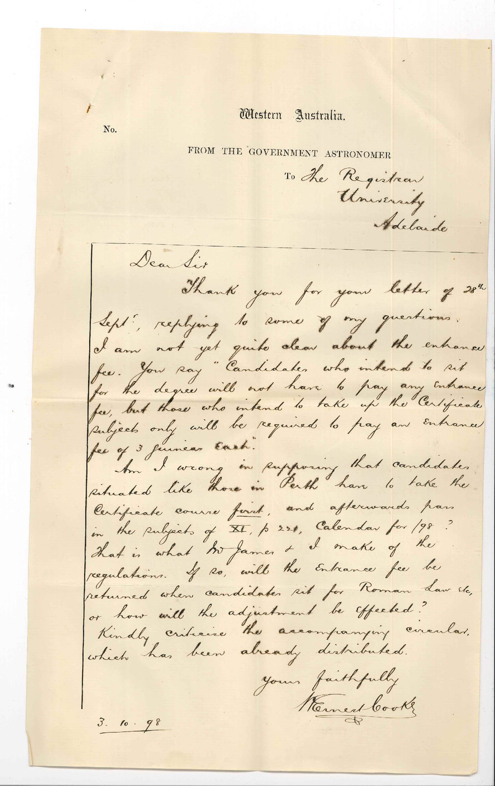 W Ernest Cooke - LLB Examinations in Perth