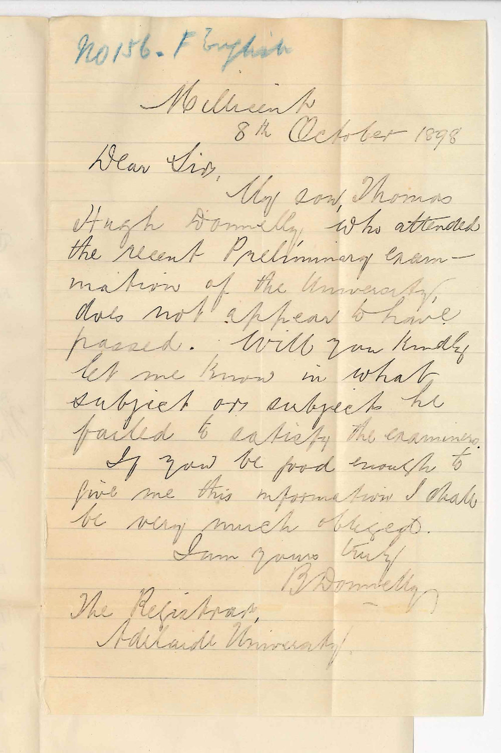 B Donnelly - Millicent - In what subjects Thomas H Donnelly failed Preliminary Exam