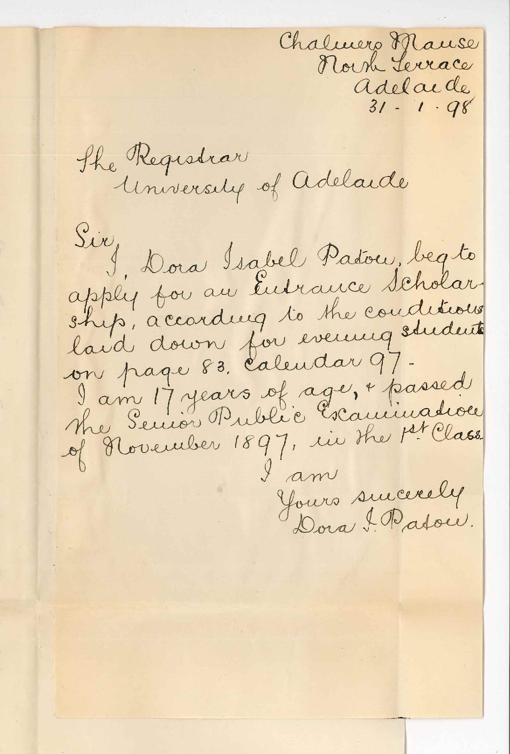 Miss Dora Isabel Paton - North Terrace Adelaide - Applying for an Entrance Scholarship Evening Classes