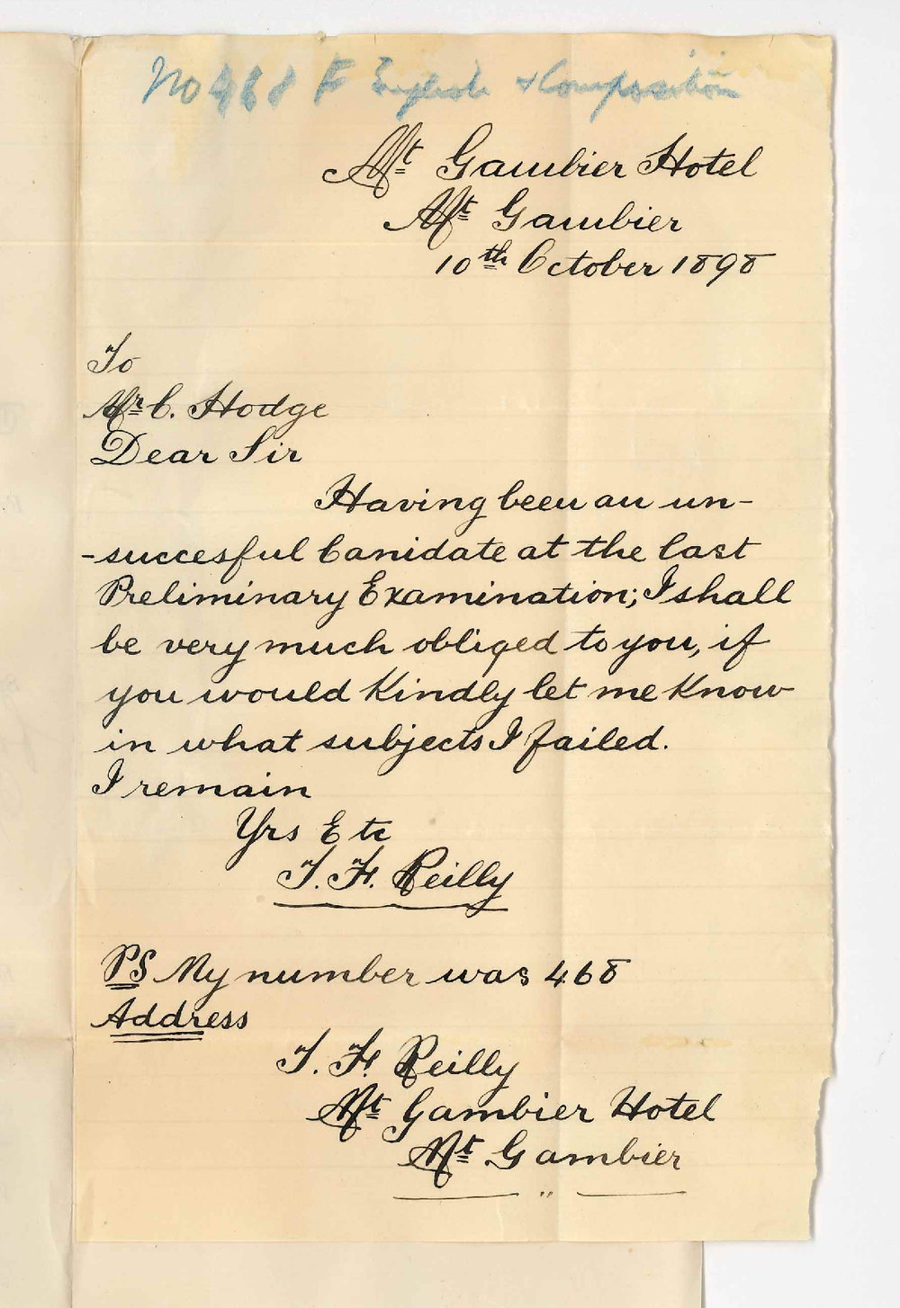 T F Reilly - Mount Gambier - In what subjects failed to satisfy Examiners Preliminary Exam