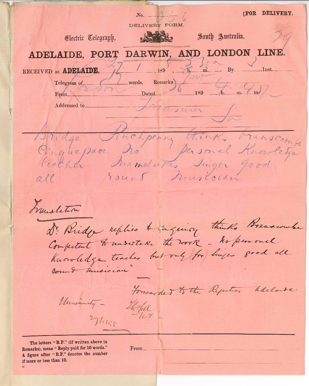 Thomas Playford - The Agent General - London - To The Treasurer - Adelaide - Dr Bridges testimonial respecting Mr Branscombe