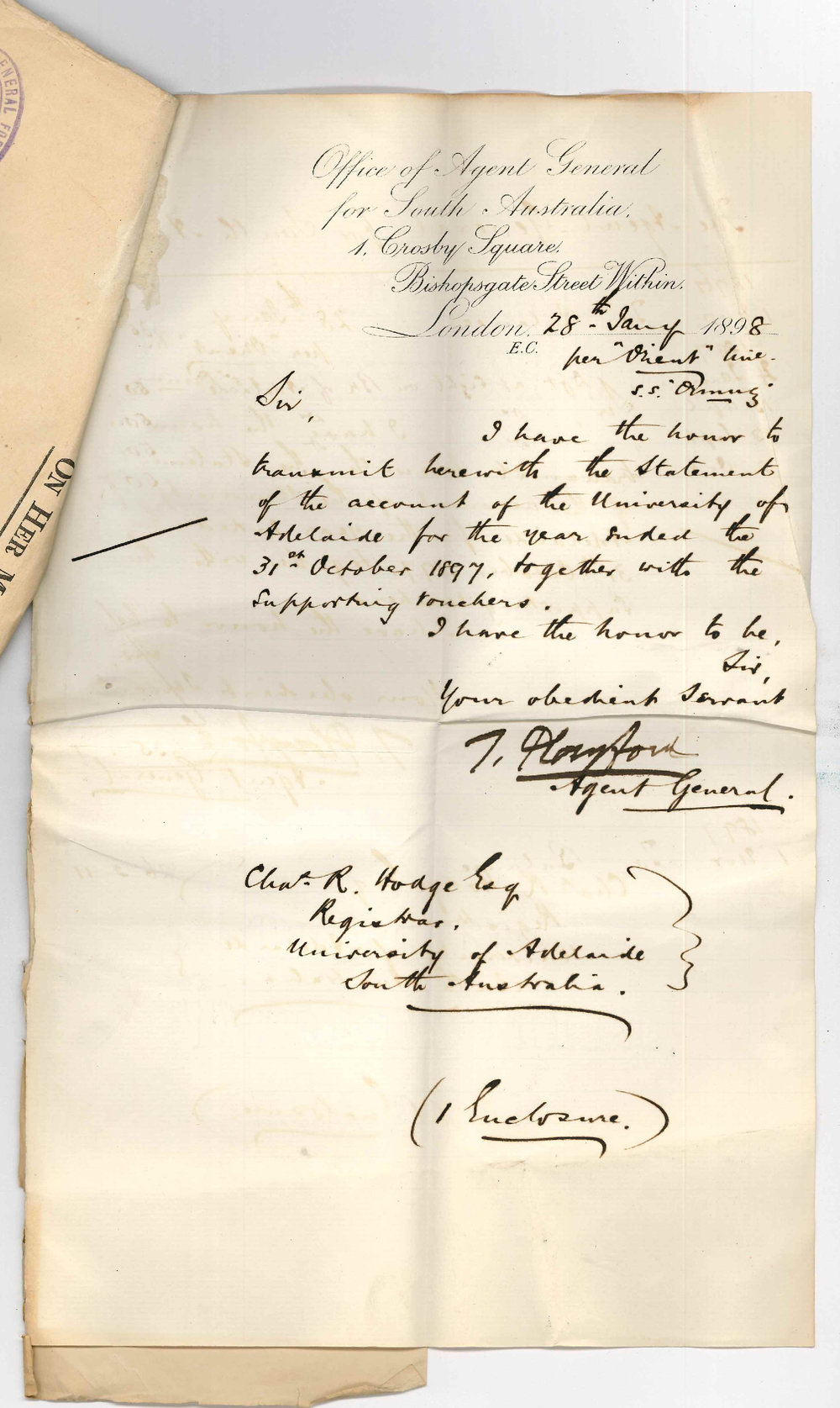 Thomas Playford - Agent General - London - Forwarding Statement of Account and Vouchers