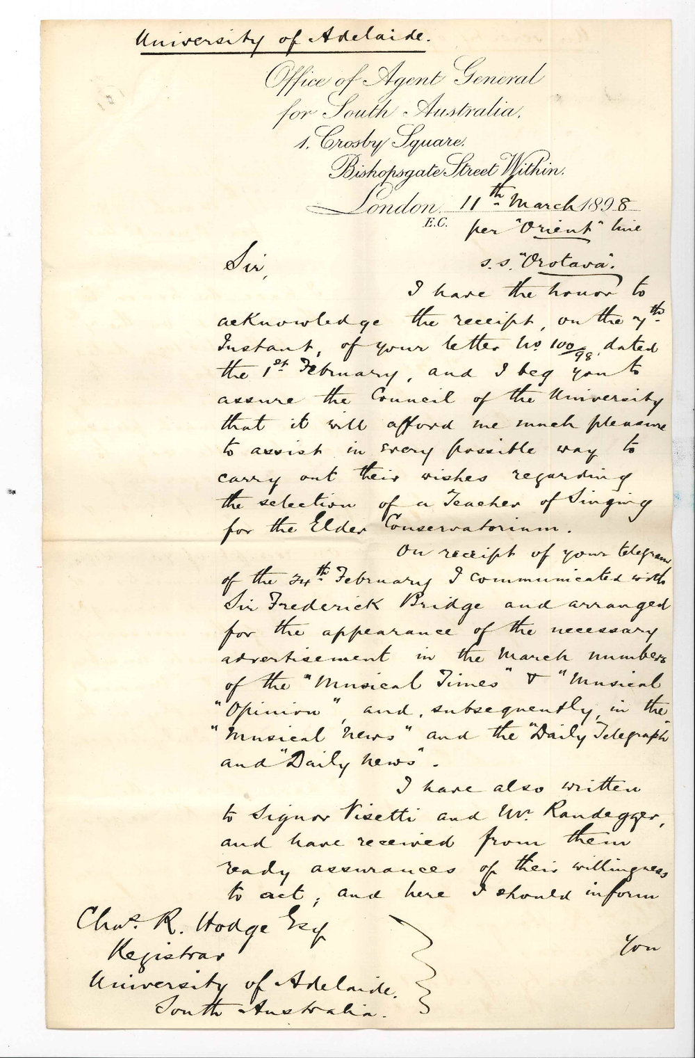 Thomas Playford - Agent General for South Australia - Regarding the selection of a Teacher of Singing for the Conservatorium