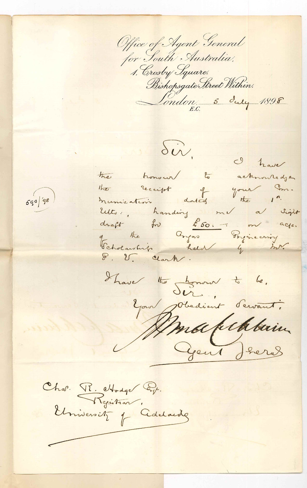 John Cockburn - Agent General - London - Acknowledging draft &pound;50 Angas Engineering Scholarship