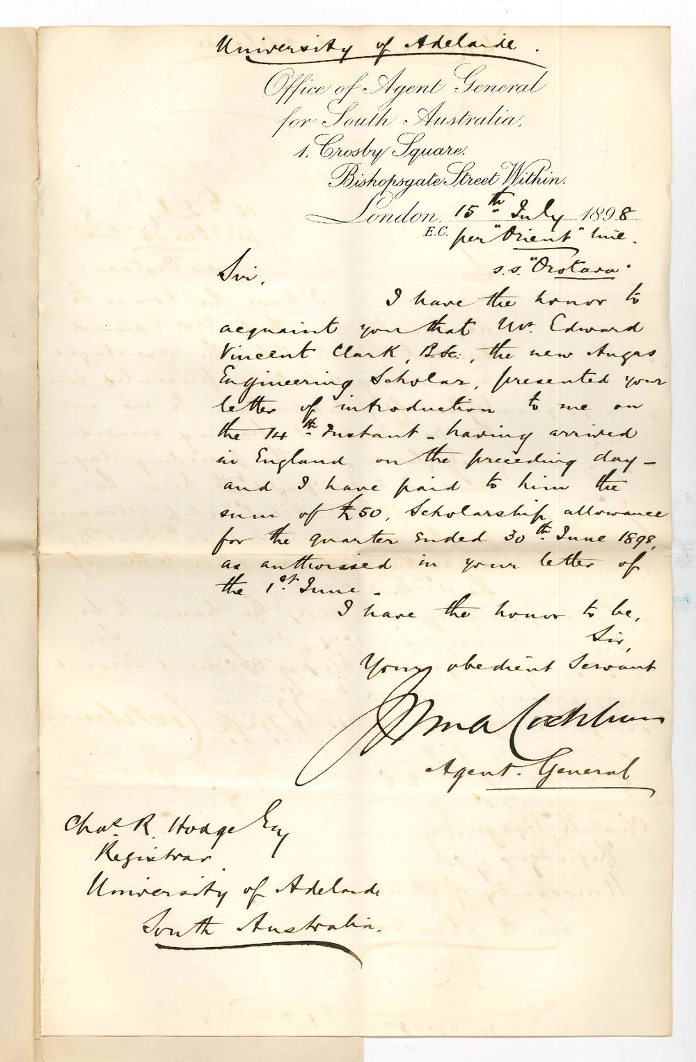 John Cockburn - Agent General - London - Arrival of E V Clark and payment of &pound;50 account Angas Scholarship