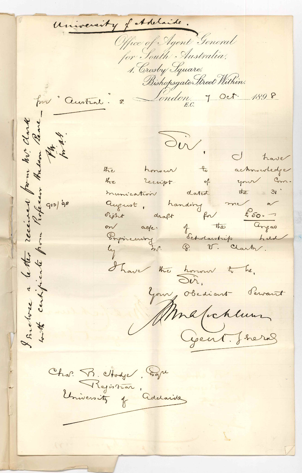 John Cockburn - Agent General - London - Acknowledging receipt of letter of 31 August with draft for &pound;50